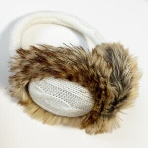 Women's White Cable Knit Winter Earmuffs With Faux Fur
